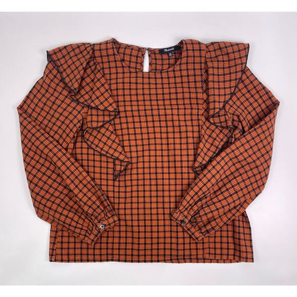 Madewell Burnt Orange & Black Plaid Ruffle Front Long Sleeve Top - Picture 3 of 8